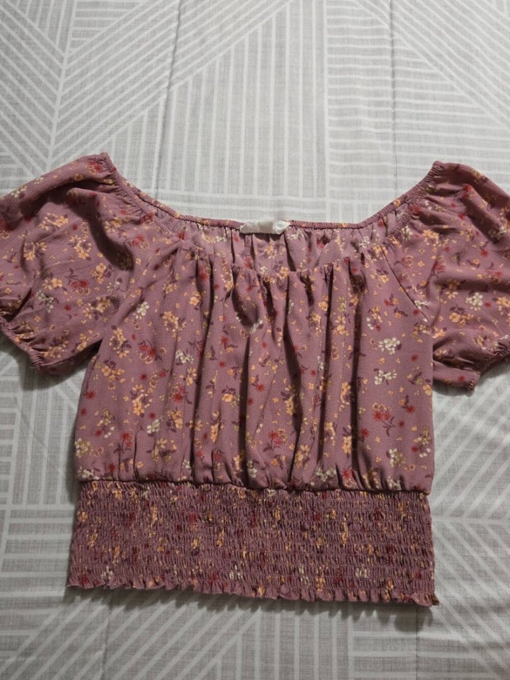 Pink Rose Mauve Ditsy Floral Smocked Waist Puff Sleeve Peasant Crop Top Small